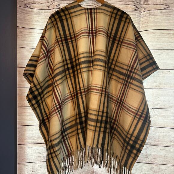 Woolrich Plaid Poncho Blanket Shawl open front striped fringe trim one size - Picture 5 of 7